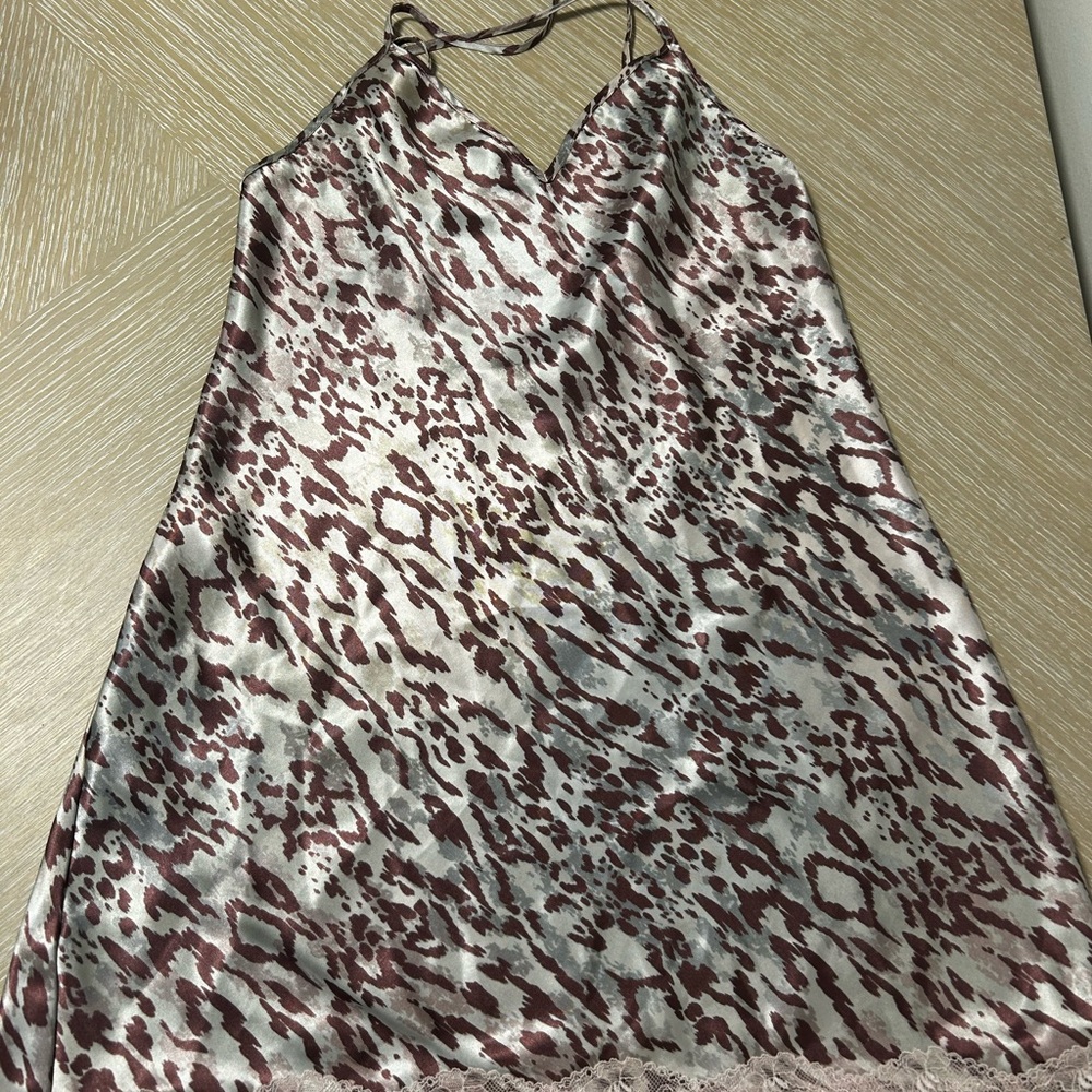 Leopard Print Satin Nightgown with Lace Trim